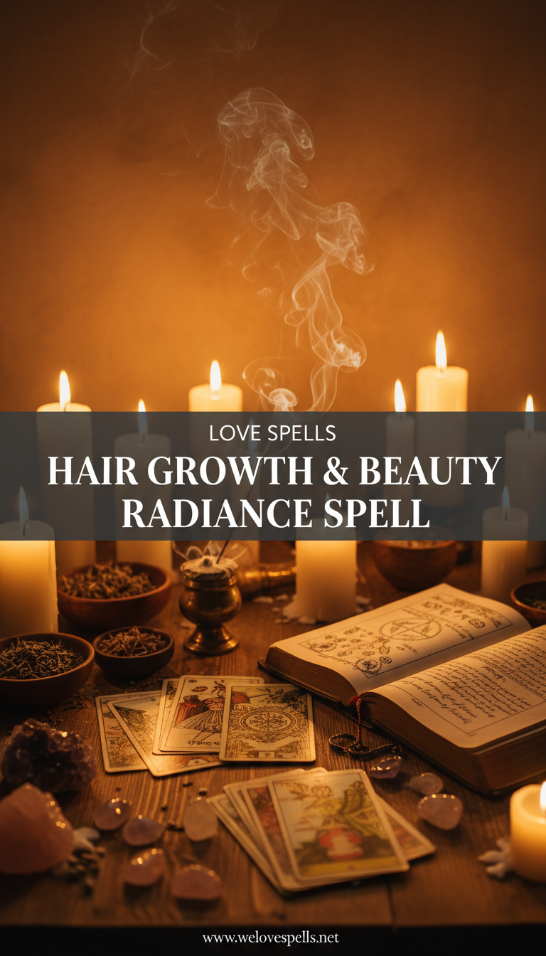 Hair Growth & Beauty Radiance Spell altar with green and pink candles, rosemary, rose petals, and rose quartz crystals glowing with golden light.