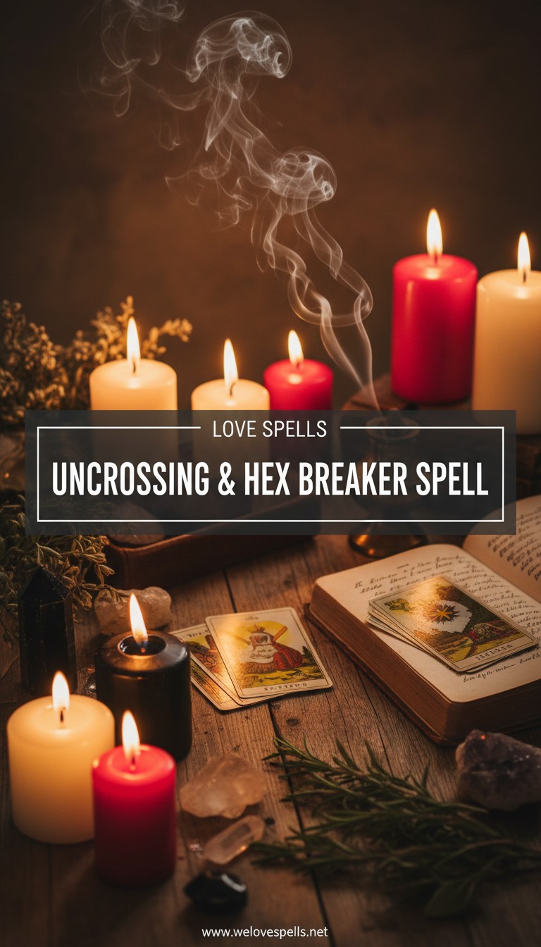 Uncrossing & Hex Breaker Spell ritual with protective candles and cleansing herbs on Belinda’s altar at We Love Spells