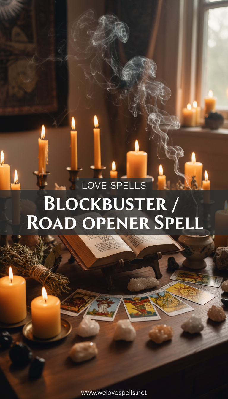 Blockbuster / Road Opener Spell ritual on Belinda’s altar with road opener candle, herbs, and key symbolism to clear blocks and open new paths