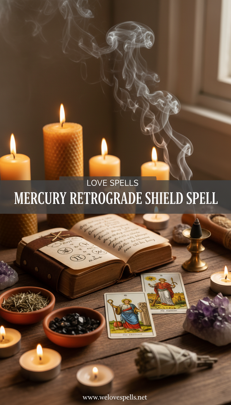 Mercury Retrograde Shield Spell altar with blue protective candlelight, Mercury sigils, and travel and communication charms arranged for protection during retrograde
