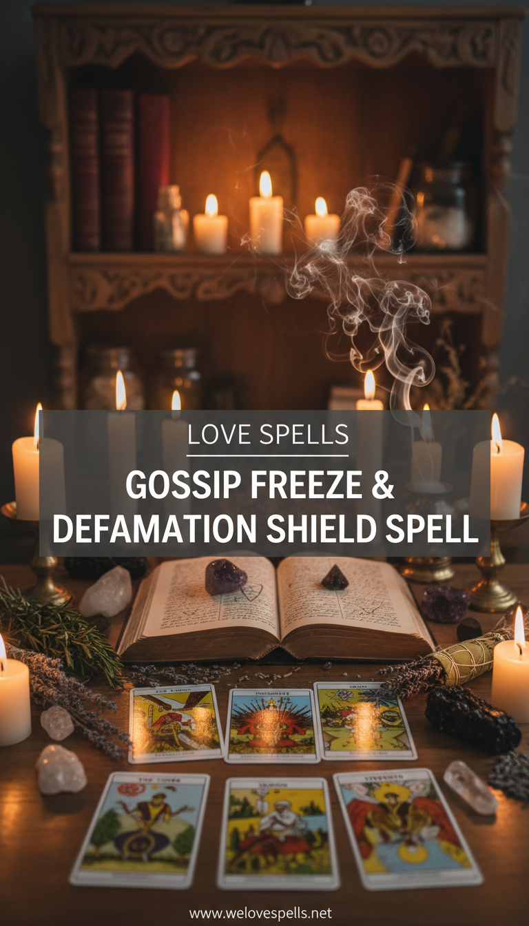Gossip Freeze & Defamation Shield Spell — protective candle and mirror work on Belinda’s altar at We Love Spells, focused on cooling rumors and shielding reputation