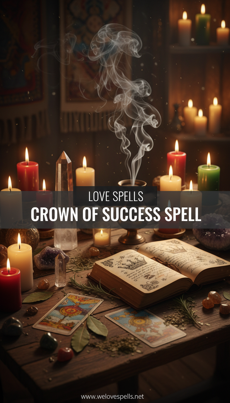 Crown of Success Spell altar—gold and green candle work focused on recognition, victory, and professional respect.