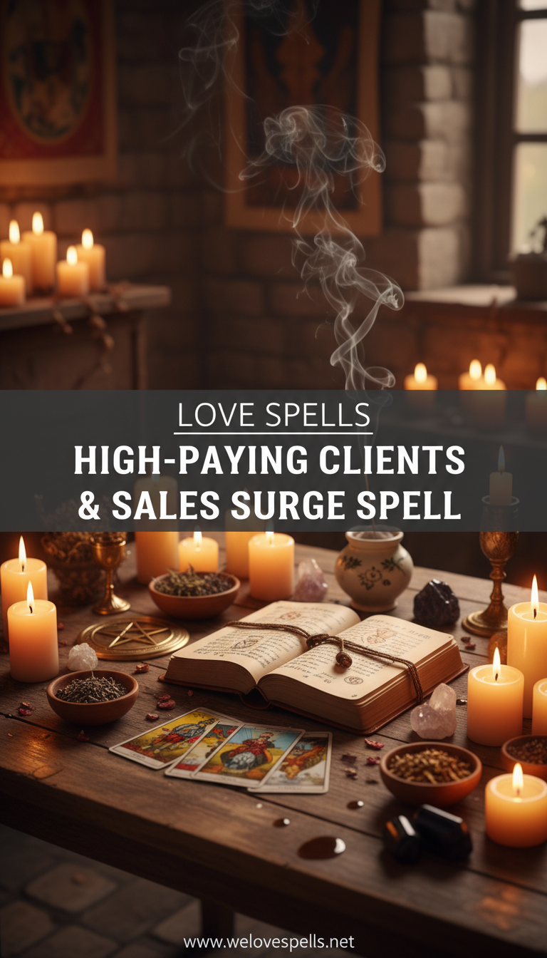 Prosperity altar with green and gold candlework for the High-Paying Clients & Sales Surge Spell, symbolizing premium clients and strong sales energies.
