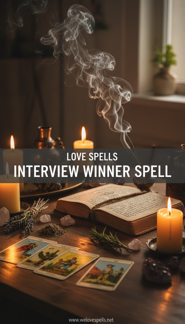 Interview Winner Spell ritual setup with intention candles, herbs, and crystals for confident, successful interviews by We Love Spells