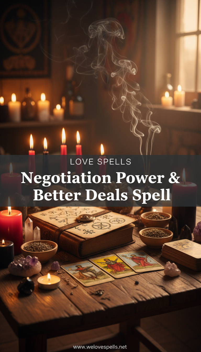 Negotiation Power & Better Deals Spell altar with green, blue, and gold candles, a contract petition, and prosperity crystals for clear communication and fair agreements.