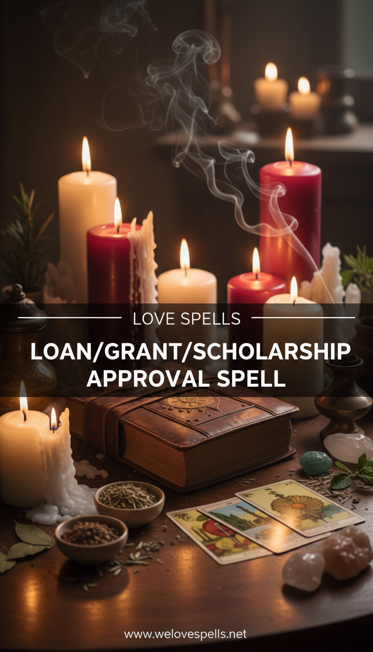 Loan/Grant/Scholarship Approval Spell ritual altar with green and gold candles, prosperity herbs, and petition paper by Belinda at We Love Spells