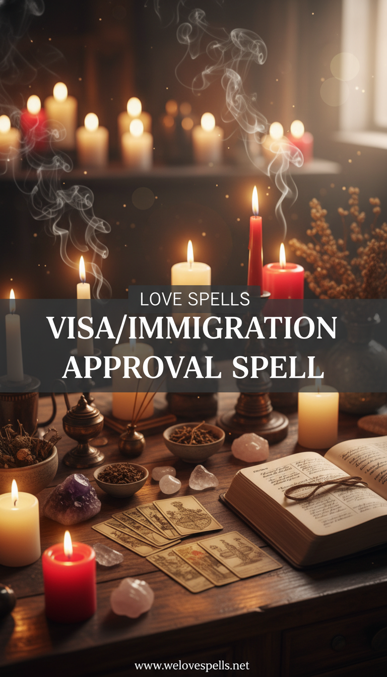 Visa/Immigration Approval Spell altar with blue and gold candles, travel charms, and crystals for clarity, protection, and safe passage