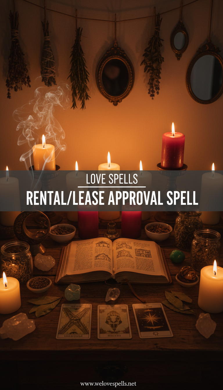 Rental/Lease Approval Spell altar with green and brown candles, house keys, crystals, and a housing petition to attract fair landlords and timely approvals.