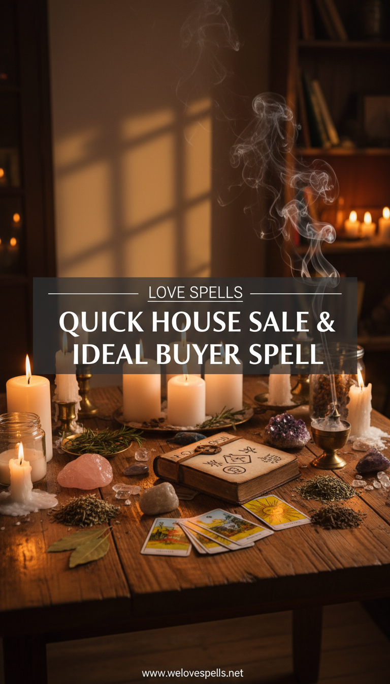 Quick House Sale & Ideal Buyer Spell altar setup with prosperity candles and crystals to attract qualified home buyers and smooth closing.