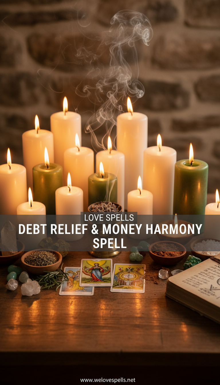 Debt Relief & Money Harmony Spell altar with green and gold candles, coins, herbs, and crystals symbolizing balanced finances and calm prosperity