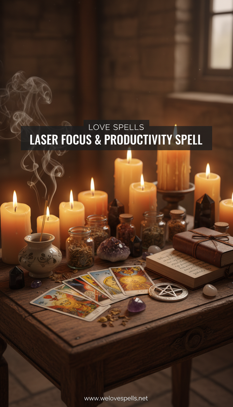 Laser Focus & Productivity Spell altar with blue and yellow candles, herbs, and crystals arranged for concentration and study success energy