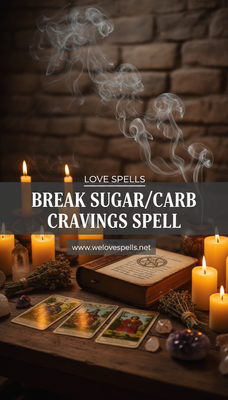 Break Sugar/Carb Cravings Spell altar with blue and white candles, herbs, and crystals for mindful eating support by We Love Spells