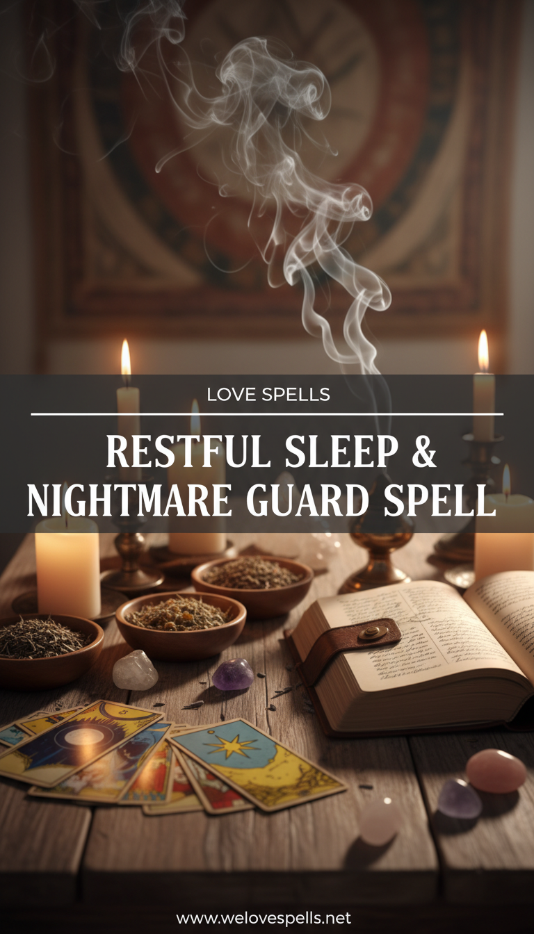 We Love Spells - Restful Sleep & Nightmare Guard Spell: moon-lit altar with indigo candle, lavender, chamomile, rosemary, and amethyst arranged for peaceful dreams and protection