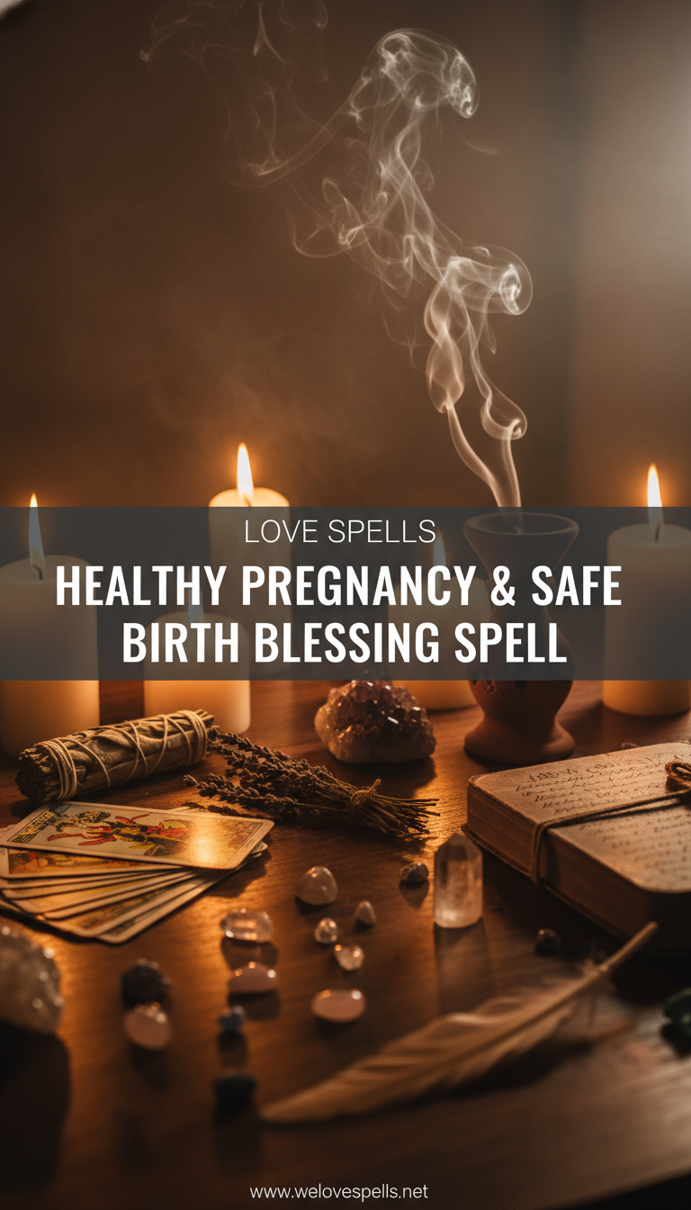 Healthy Pregnancy & Safe Birth Blessing Spell protective mother-and-baby blessing altar with soft pink and white candles, crystals, and gentle floral elements