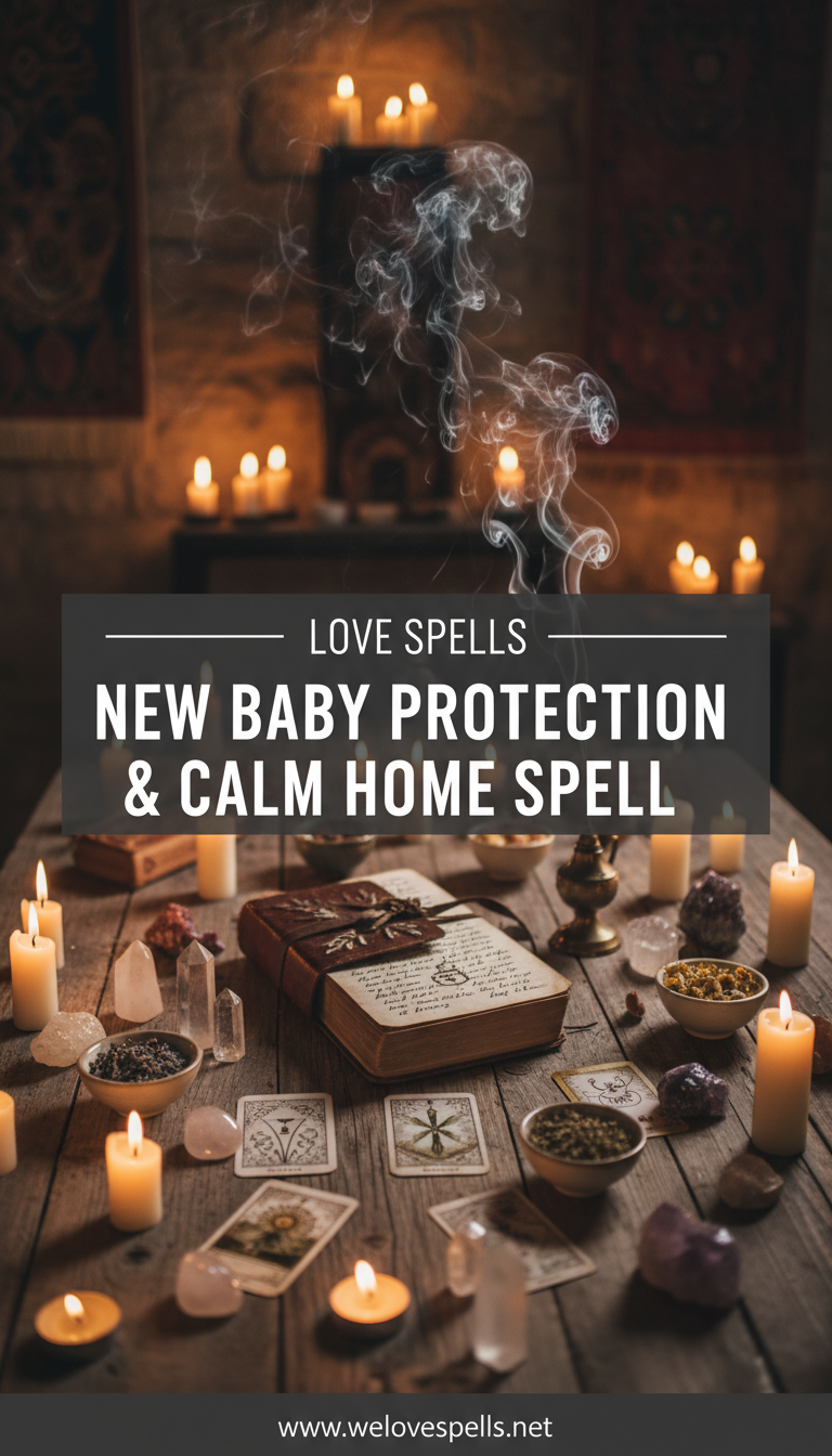 Soft candlelit nursery with protective blue-white aura and gentle symbols of blessing — New Baby Protection & Calm Home Spell