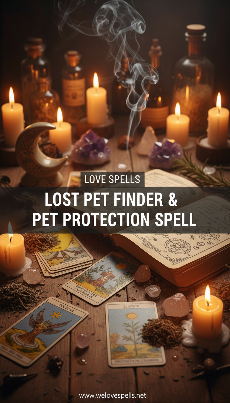 Lost Pet Finder & Pet Protection Spell ritual image: candlelit altar with map, pet charm, and protective herbs
