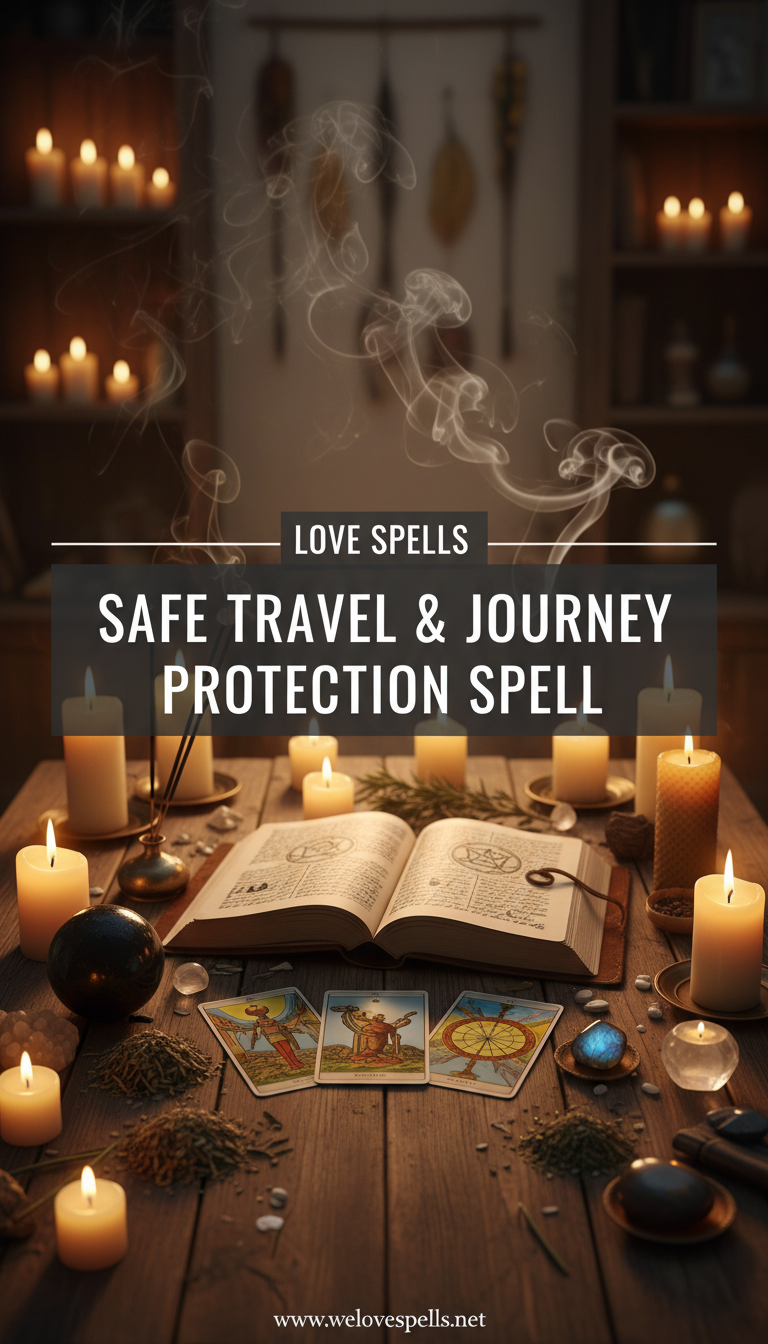 Safe Travel & Journey Protection Spell by We Love Spells: protective blue and white candle altar with crystals, compass, and map for travel blessing.