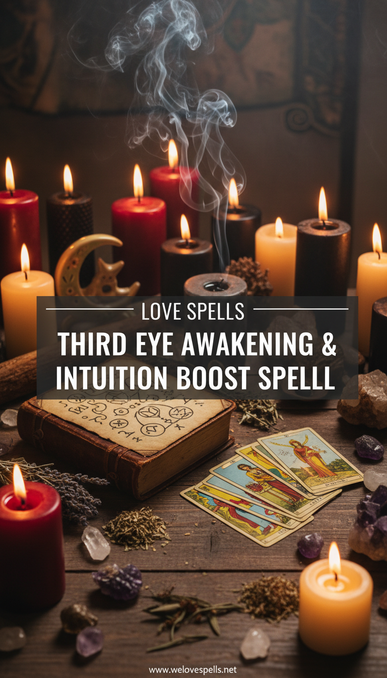 Indigo altar with amethyst, candle, and sacred herbs for the Third Eye Awakening & Intuition Boost Spell