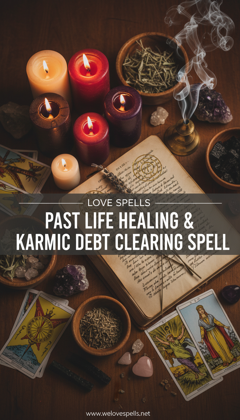 Past Life Healing & Karmic Debt Clearing Spell altar with healing light, candles, and crystals for karmic release