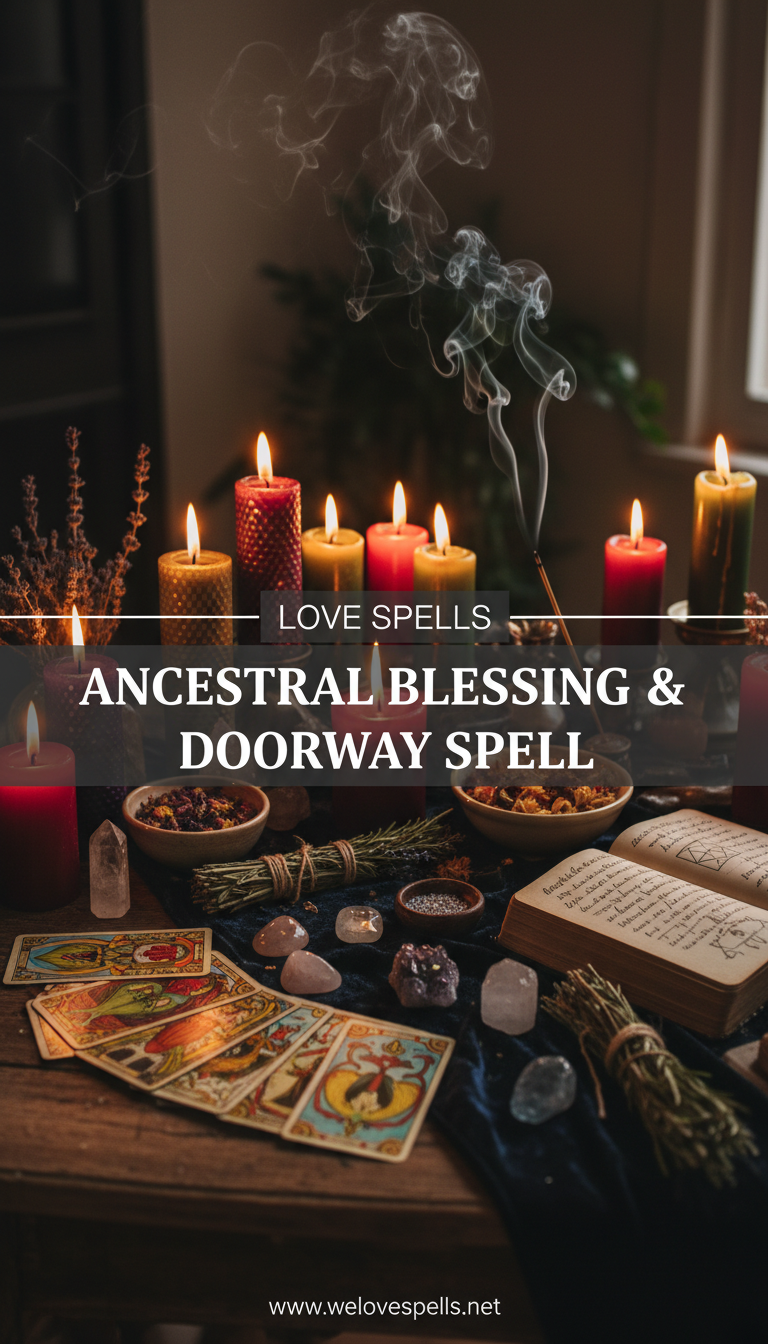 Ancestral Blessing & Guidance Doorway Spell altar with candles, herbs, and offerings to benevolent ancestors for guidance