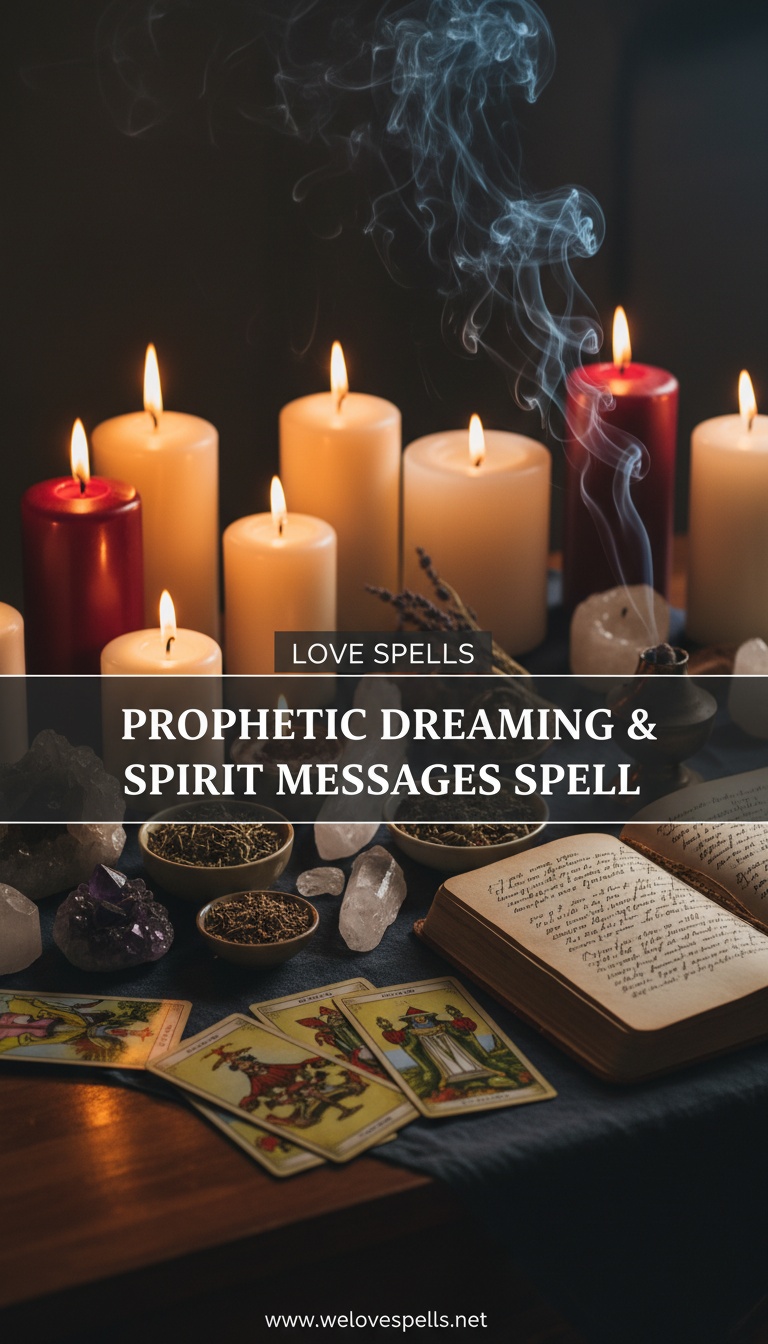 Prophetic Dreaming & Spirit Messages Spell—moonlit altar with indigo candles, amethyst, selenite, and dream herbs for inviting clear spiritual messages during sleep.