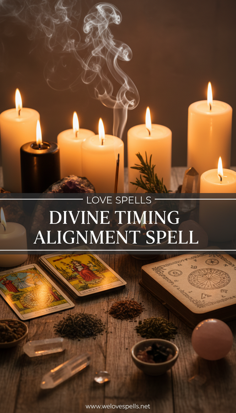 Divine Timing Alignment Spell ritual with candles, crystals, and celestial timing motifs aligning outcomes with the universe’s perfect timing