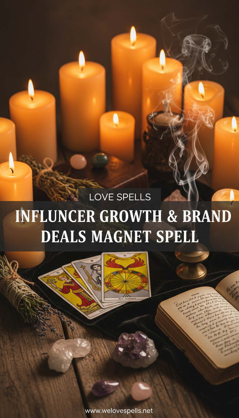 Influencer Growth & Brand Deals Magnet Spell ritual setup with candles and crystals for fame, influence, and digital sponsorship alignment