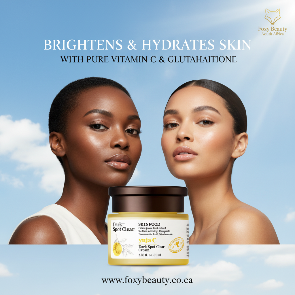 Skinfood Yuja C Dark Spot Clear Cream jar and texture flatlay
