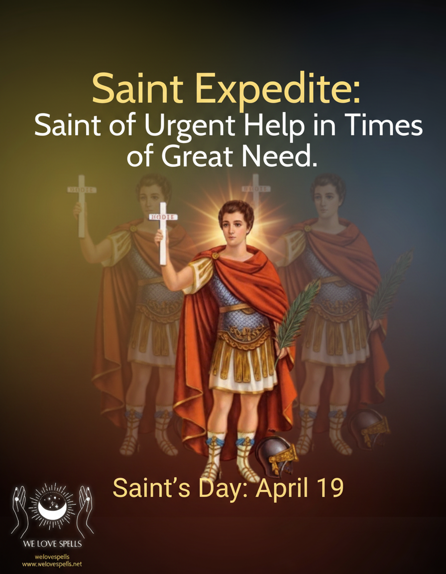 St. Expedite statue offering candle and pound cake