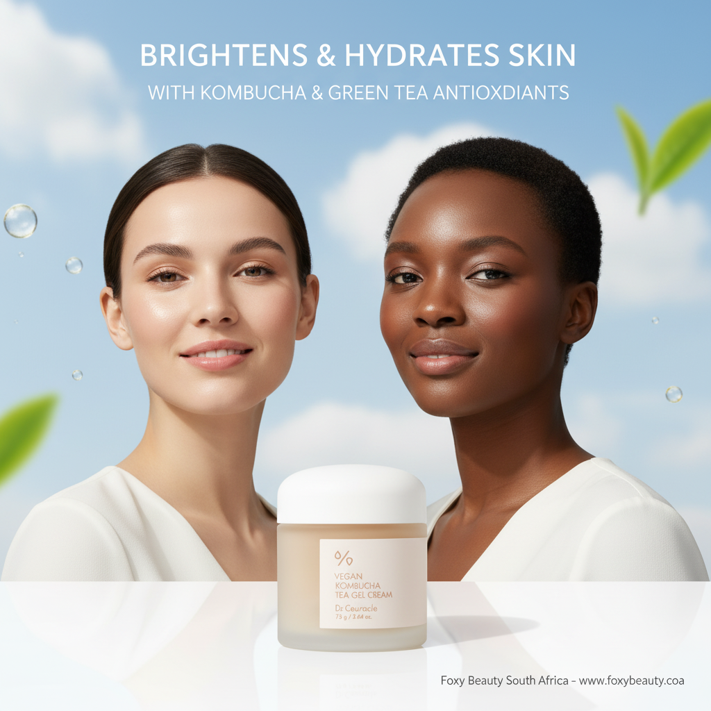 Dr Ceuracle Vegan Kombucha Tea Gel Cream jar and fresh gel texture close-up