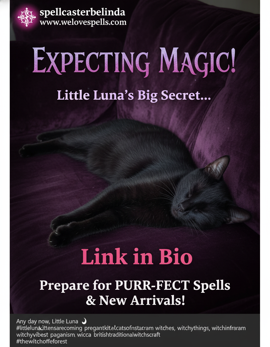 Little Luna the black witchy cat ready to welcome her kittens
