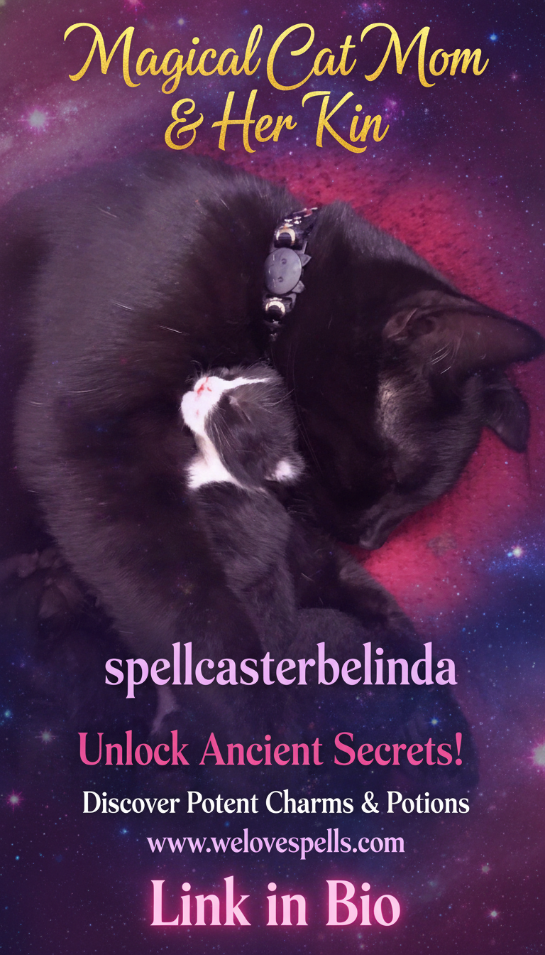 Witch’s altar with a black cat named Luna and candles glowing with moon energy