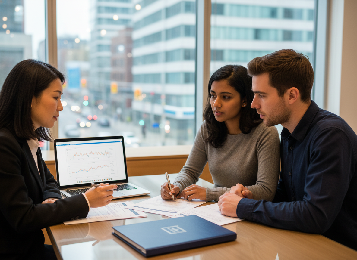 Couple consults mortgage broker. Couple consults mortgage broker.