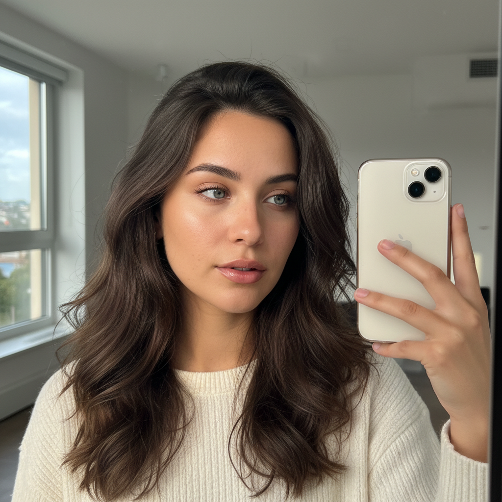 Young Latina woman, 24 years old, very youthful and fresh appearance, wavy dark brown hair with natural shine and soft movement, warm golden skin tone, striking and expressive blue eyes, delicate and feminine facial features. Realistic mirror selfie, holding a smartphone with one hand, subtle reflection visible, modern and minimalist interior. Soft natural daylight coming from a window, evenly illuminating the face, enhancing eye color and facial structure. Super realistic human skin with visible pores, natural texture, subtle imperfections, fine lines, slight blemishes, realistic highlights and shadows, true-to-life skin details, authentic human appearance. Casual yet elegant outfit, light and natural makeup, natural eyebrows, slightly glossy lips. Ultra-realistic photography, high definition, sharp facial focus, shallow depth of field, no beauty filters, modern Instagram aesthetic, vertical composition, spontaneous, candid and authentic mood.