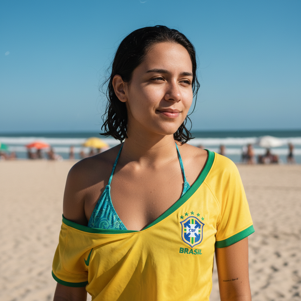 Young woman with Brazilian appearance, morena, naturally sun-tanned skin, real proportions, natural facial features, no exaggerated beauty standards.
Scene on a realistic Brazilian beach similar to Rio de Janeiro, slightly busy background, ocean and sand visible, natural daylight conditions.
Wearing bikini as underwear and an open Brazil national team shirt, casual beach outfit, slightly wrinkled fabric, natural movement from the wind.
Midday to late afternoon sun, natural sunlight without cinematic effects, realistic shadows, some highlights slightly overexposed as in real smartphone photos.
Shot on iPhone 15 Pro Max, main camera, 24mm equivalent, standard photo mode, HDR on, depth of field level 9, slight wide-angle distortion typical of phone cameras.
Focus is sharp on the subject, background softly blurred but still recognizable, no extreme bokeh.
Natural skin texture, visible pores, slight shine from sun and sweat, subtle tan lines, realistic color variation on the skin.
Casual pose, relaxed expression, imperfect posture, candid feeling, as if taken by a friend.
Realistic colors, minor noise, no beauty filters, no studio lighting, no retouching, authentic smartphone beach photo, documentary-style realism.