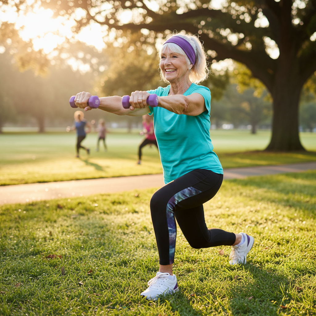 gere uma imagem de uma senhora de idade elevada a partir de 60 anos se exercitando, vivendo um momento fitness