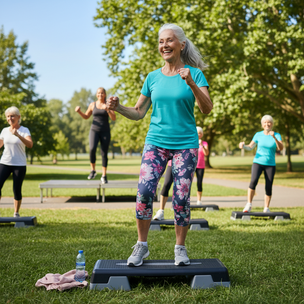 gere uma imagem de uma senhora de idade elevada a partir de 60 anos se exercitando, vivendo um momento fitness