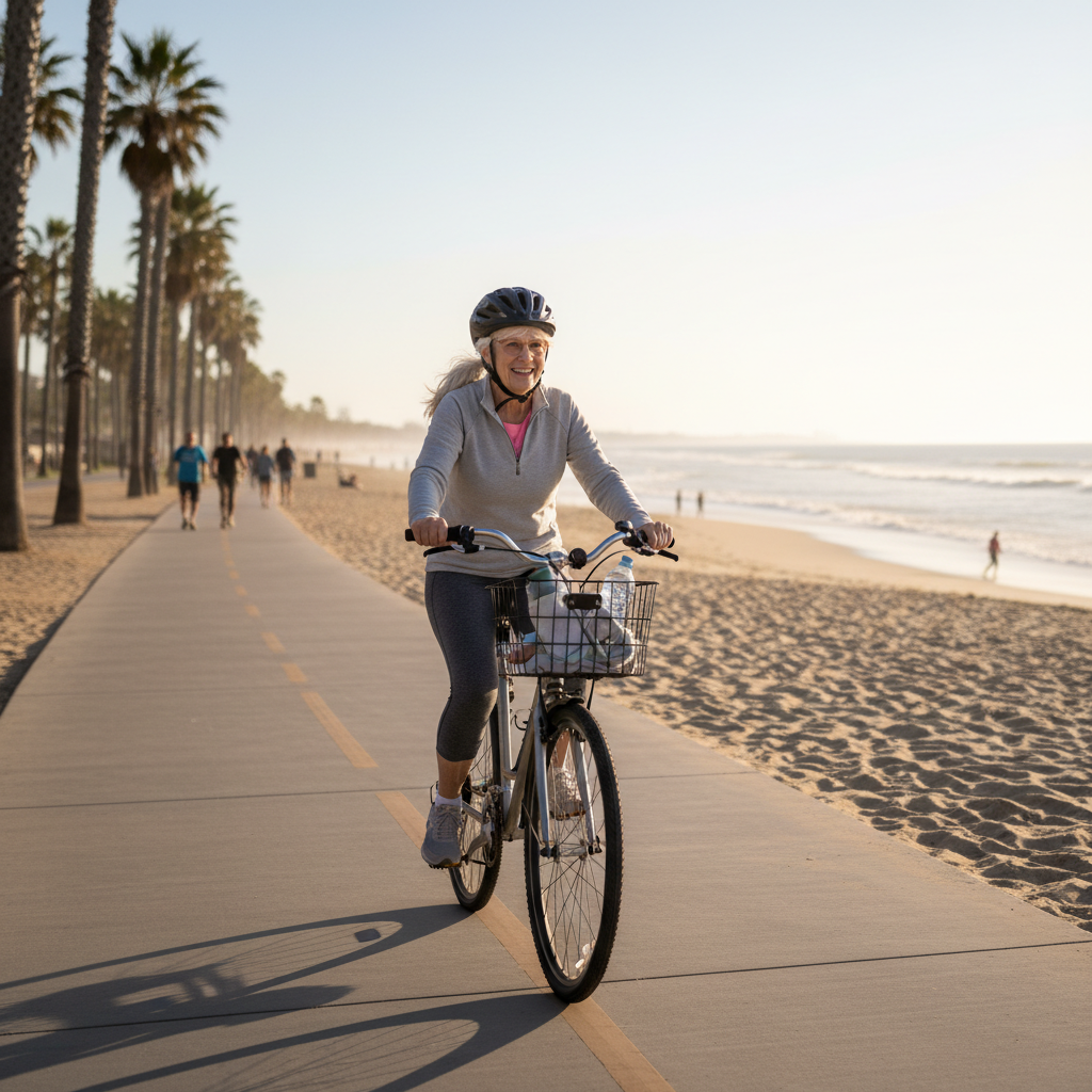 gere uma imagem de uma senhora de idade elevada a partir de 60 anos se exercitando, vivendo um momento fitness, andando de bicicleta