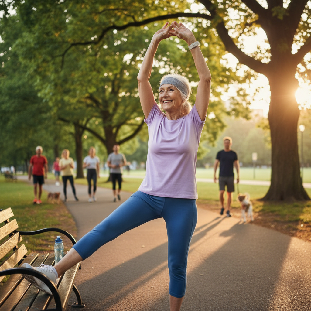 gere uma imagem de uma senhora de idade elevada a partir de 60 anos se exercitando, vivendo um momento fitness