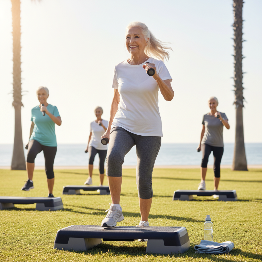 gere uma imagem de uma senhora de idade elevada a partir de 60 anos se exercitando, vivendo um momento fitness