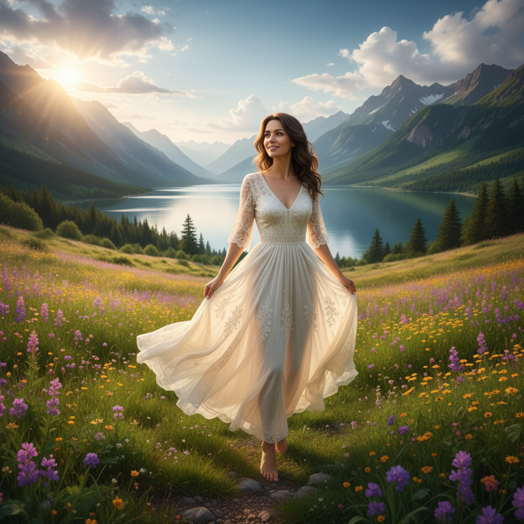 gere uma mulher de corpo inteiro baseado nessas fotos abaixo, em uma linda paisagem