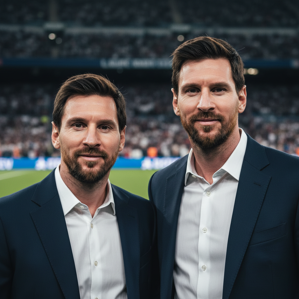 Hyper-realistic photo of [ME – use my reference photos as the main identity] standing next to Lionel Messi, both positioned naturally and slightly facing the camera, with confident and relaxed expressions.
Lionel Messi must be portrayed with extremely high facial accuracy, true-to-life proportions, natural skin texture, short well-defined beard, realistic hair, and authentic likeness.
I must perfectly match my reference photos, preserving 100% facial similarity, natural skin details, correct bone structure, realistic pores, and authentic features, without artificial beautification.
Cinematic soft lighting with balanced side light, realistic shadows on faces and bodies, professional color grading.
Professional photography style, DSLR quality, 50mm lens, shallow depth of field, realistic bokeh background.
Environment: [choose one: modern football stadium / elegant urban setting / sports event atmosphere]
Ultra-high resolution, sharp focus, natural colors, realistic skin tones, photojournalistic realism, no exaggeration, no stylization.
Both subjects must appear naturally integrated in the same scene, with correct scale, perspective, and lighting consistency.

Negative prompt: cartoon, illustration, painting, CGI, 3D render, anime, unrealistic style, exaggerated facial features, distorted face, wrong proportions, deformed hands, extra fingers, missing fingers, duplicated face, double head, asymmetrical eyes, crossed eyes, melted face, blurred face, low resolution, low detail, over-smoothed skin, plastic skin, waxy skin, beauty filter, over-sharpening, harsh lighting, blown highlights, dark shadows, bad anatomy, incorrect scale, floating body parts, mismatched lighting, fake Messi likeness, Messi look-alike, inaccurate facial structure, watermark, logo, text, signature