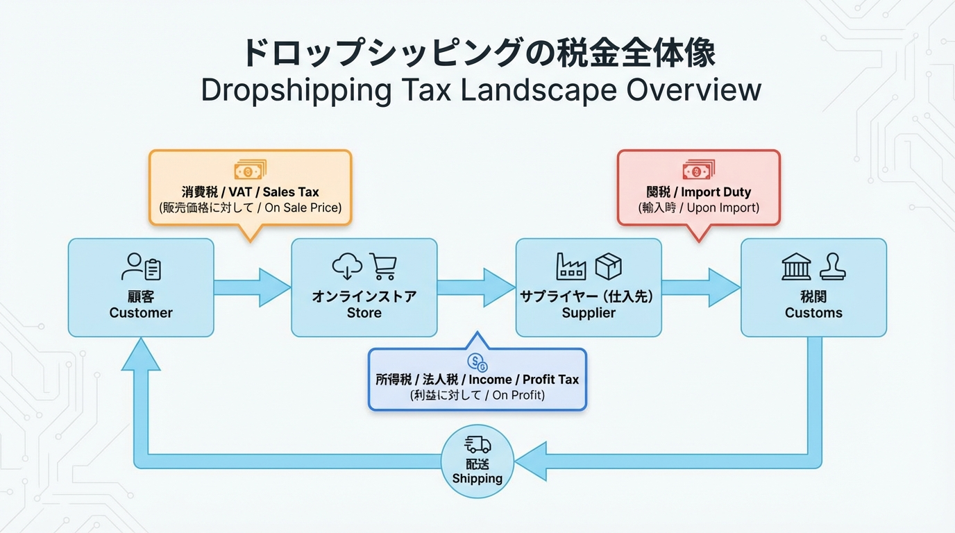 ドロップシッピングの流れと、販売・決済・輸入・申告のそれぞれで発生し得る税金の種類を俯瞰できるインフォグラフィック