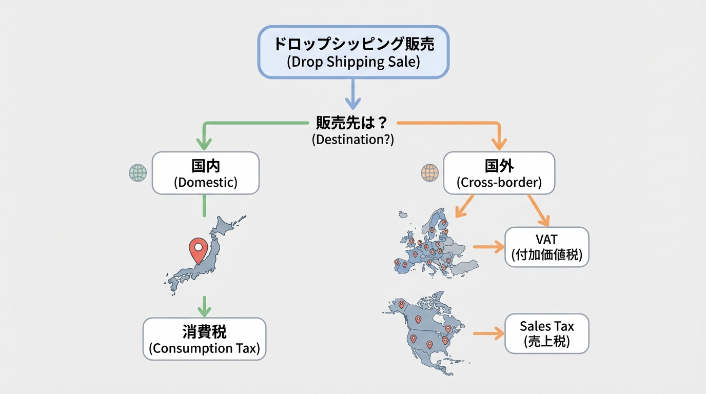 国内販売と越境販売の分岐ごとに、消費税・VAT・売上税など異なる間接税ルールが適用されることを示す地図付きの分岐図