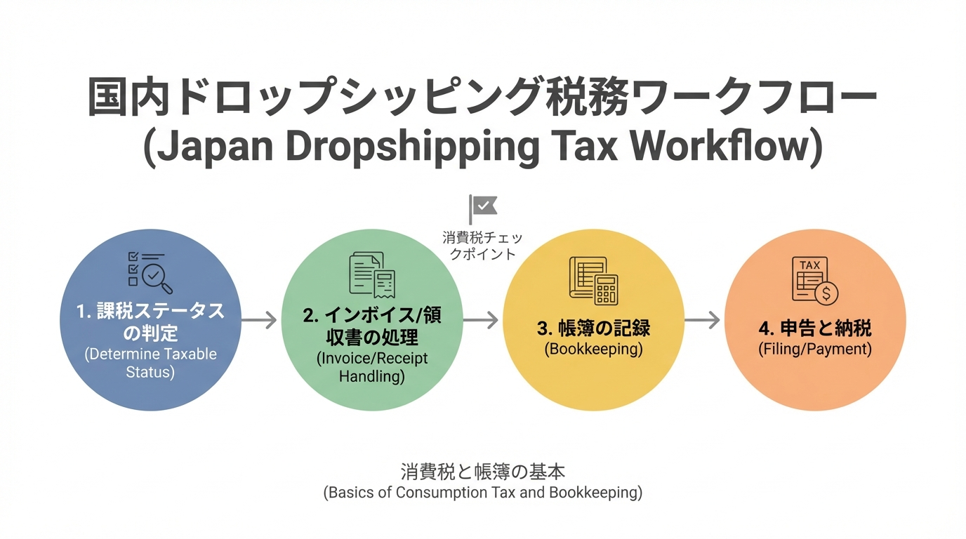 日本国内のドロップシッピングで、課税判定から請求・記帳・申告までの4ステップフローを示すステップ図