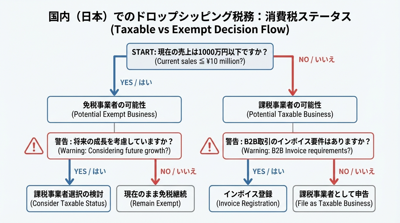 売上規模や取引先要件・将来の成長計画を確認しながら課税事業者か免税事業者かを判断するフローチャート