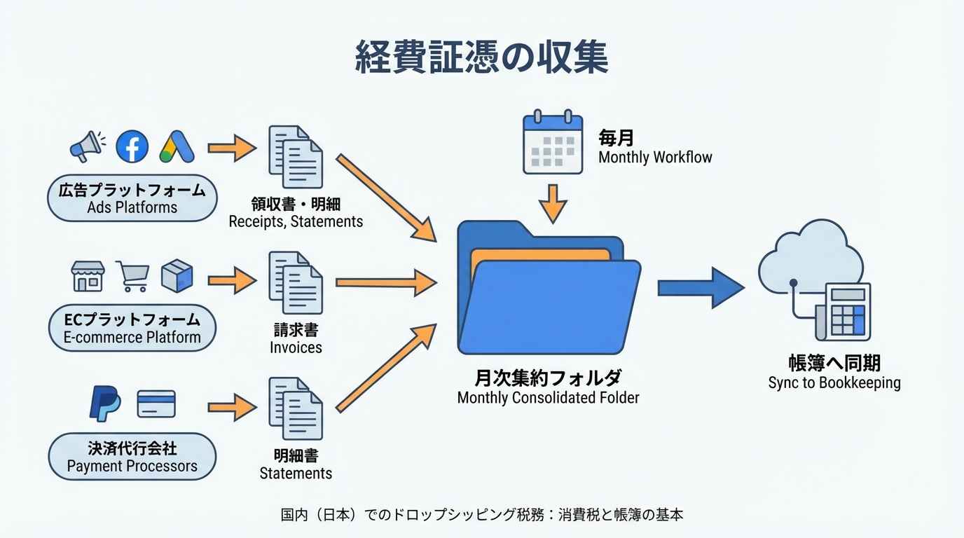 広告プラットフォームやECプラットフォーム、決済サービスから出る明細や請求書を毎月フォルダに集約し、会計ソフトへ連携するイメージ図