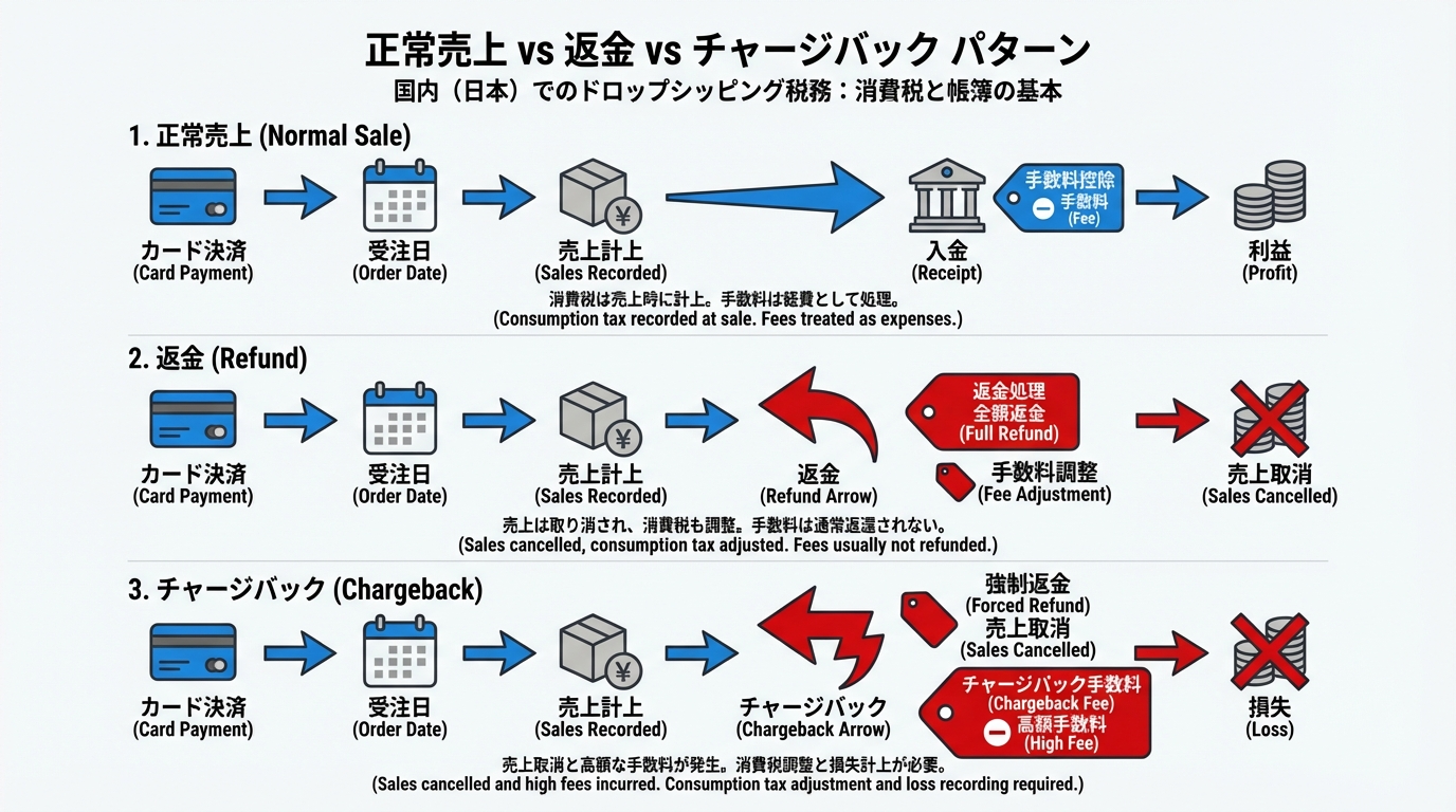 通常の売上、顧客への返金が発生した場合、チャージバックが発生した場合の3パターンについて、お金と手数料の動きを比較するタイムライン図