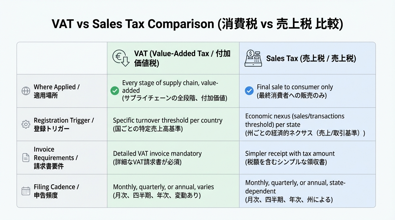 VATと売上税について、適用範囲や登録条件、インボイス要件、申告頻度などの違いを比較した2列のテーブル図