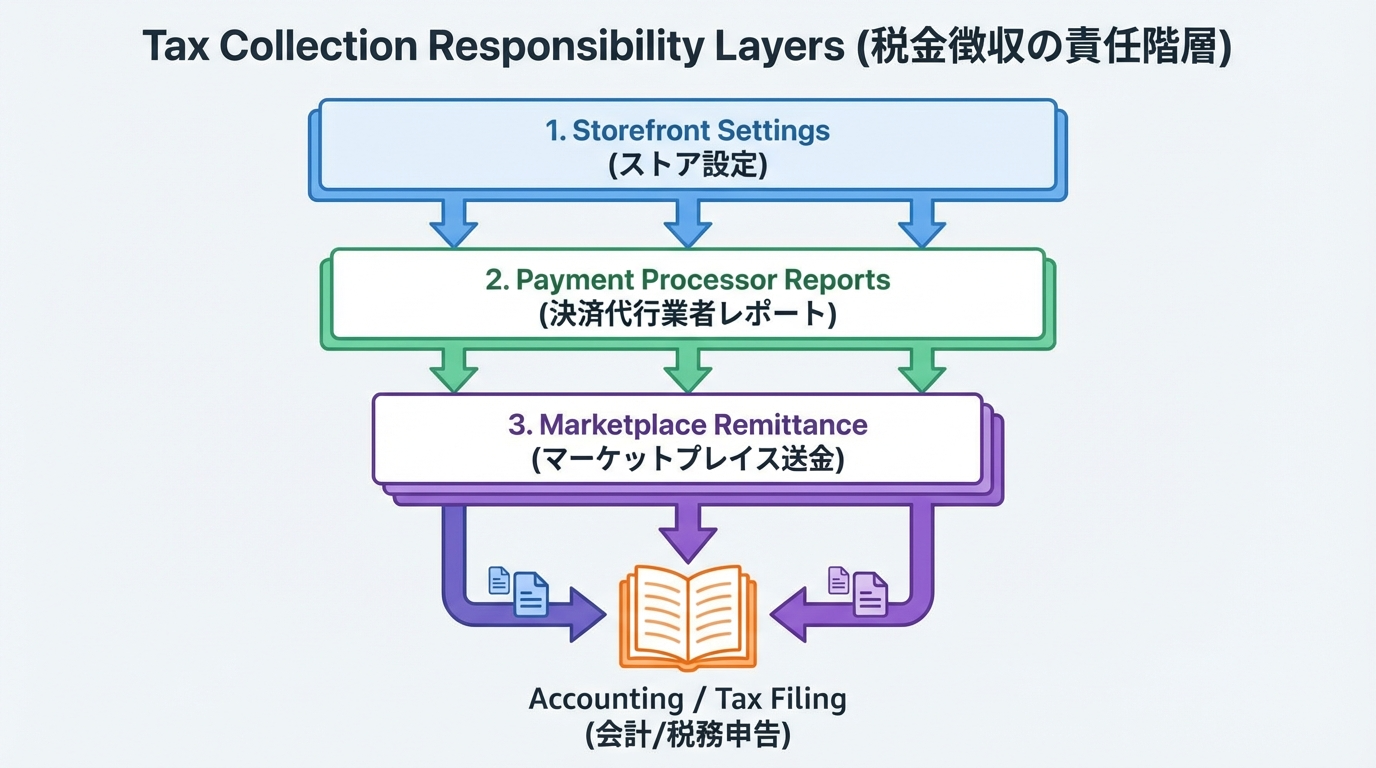 ストアの税率設定層、決済サービスのレポート層、マーケットプレイスの徴収・送金層の3つから、会計帳簿へデータが流れる3層図